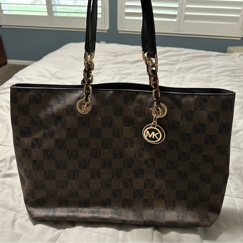 Michael Kors Checkered Brown Tote with Gold Accents